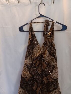 dressbarn Brown and Tan Printed Halter Dress